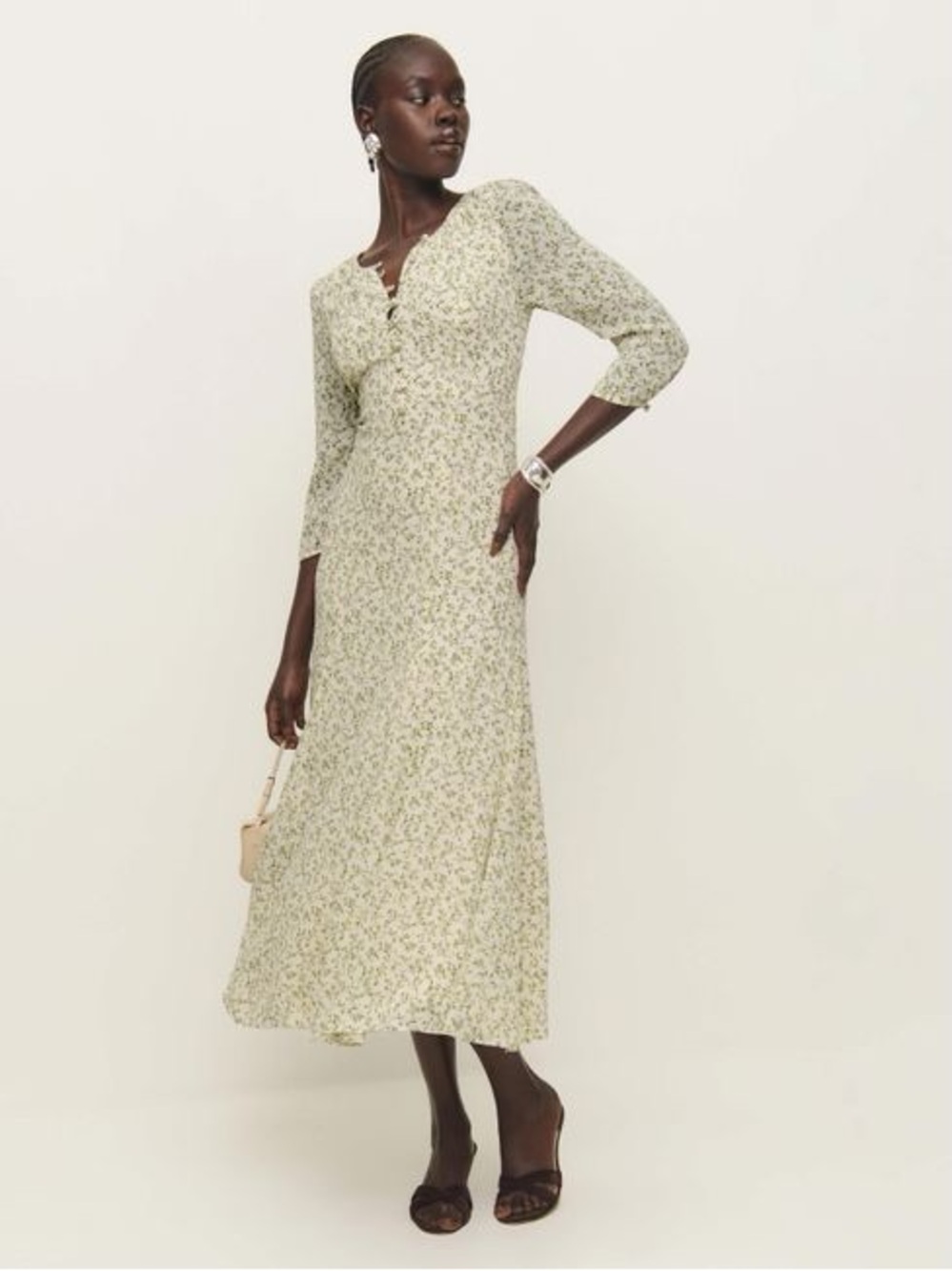 NWT Reformation Mels dress in ivy natural green midi floral buttons